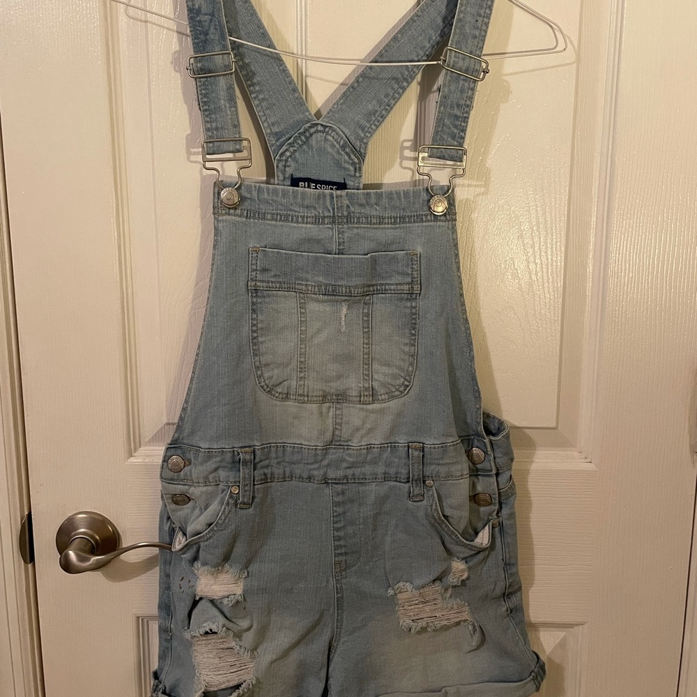 Blue washed ripped overall shorts
